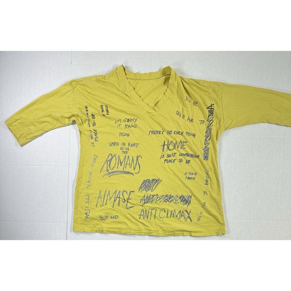 Avant Garde Scribble Art Graphic V-Neck T-Shirt Yellow Abstract Quotes Unisex